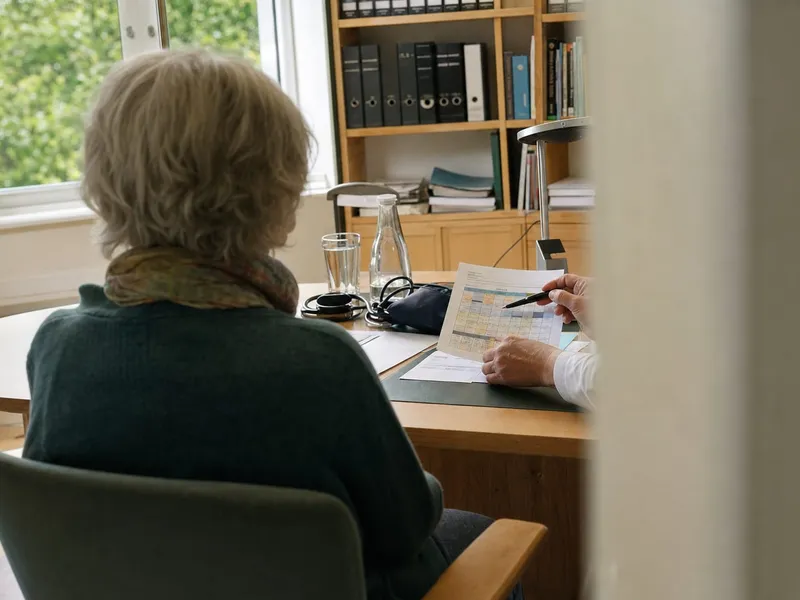 Ältere Patientin sitzt von hinten gesehen am Schreibtisch, während eine Ärztin oder ein Arzt mit einem Stift ein Dokument mit Tabelle erläutert.