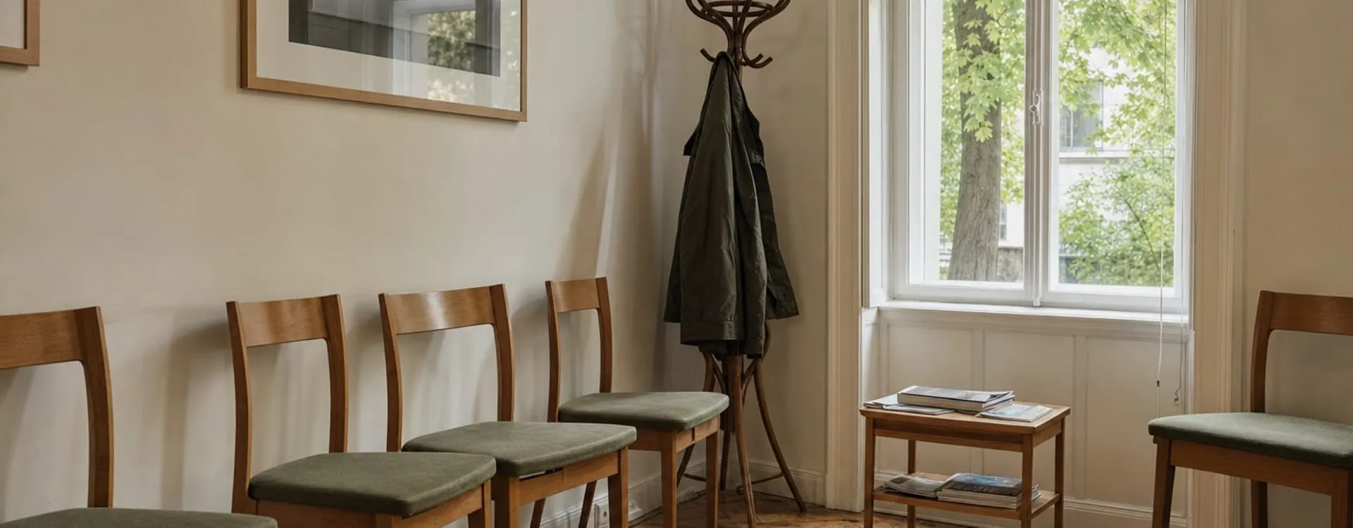 Helles Wartezimmer mit Holzstühlen mit grünen Polstern, Garderobenständer, kleinem Tisch mit Zeitschriften und Fischgrätparkett vor einem hohen Fenster.